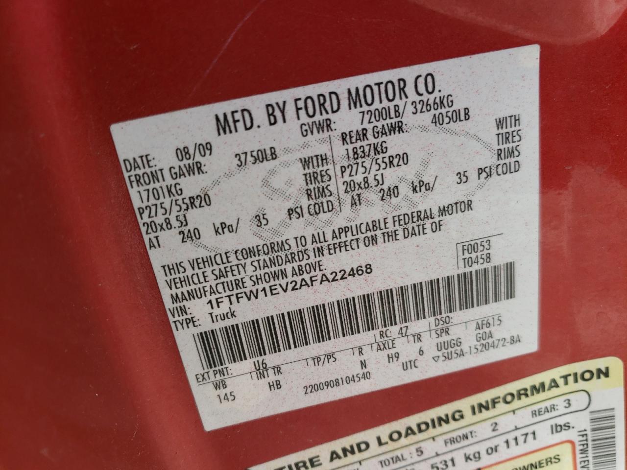 Photo 10 from auction – 2010 FORD F150 SUPER with VIN 1FTFW1EV2AFA22468