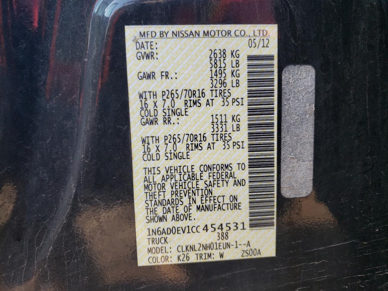 Zdjęcie 10 z aukcji – 2012 NISSAN FRONTIER S z VIN 1N6AD0EV1CC454531