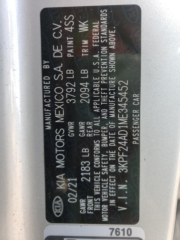 Photo 10 from auction – 2021 KIA FORTE FE with VIN 3KPF24AD1ME345452