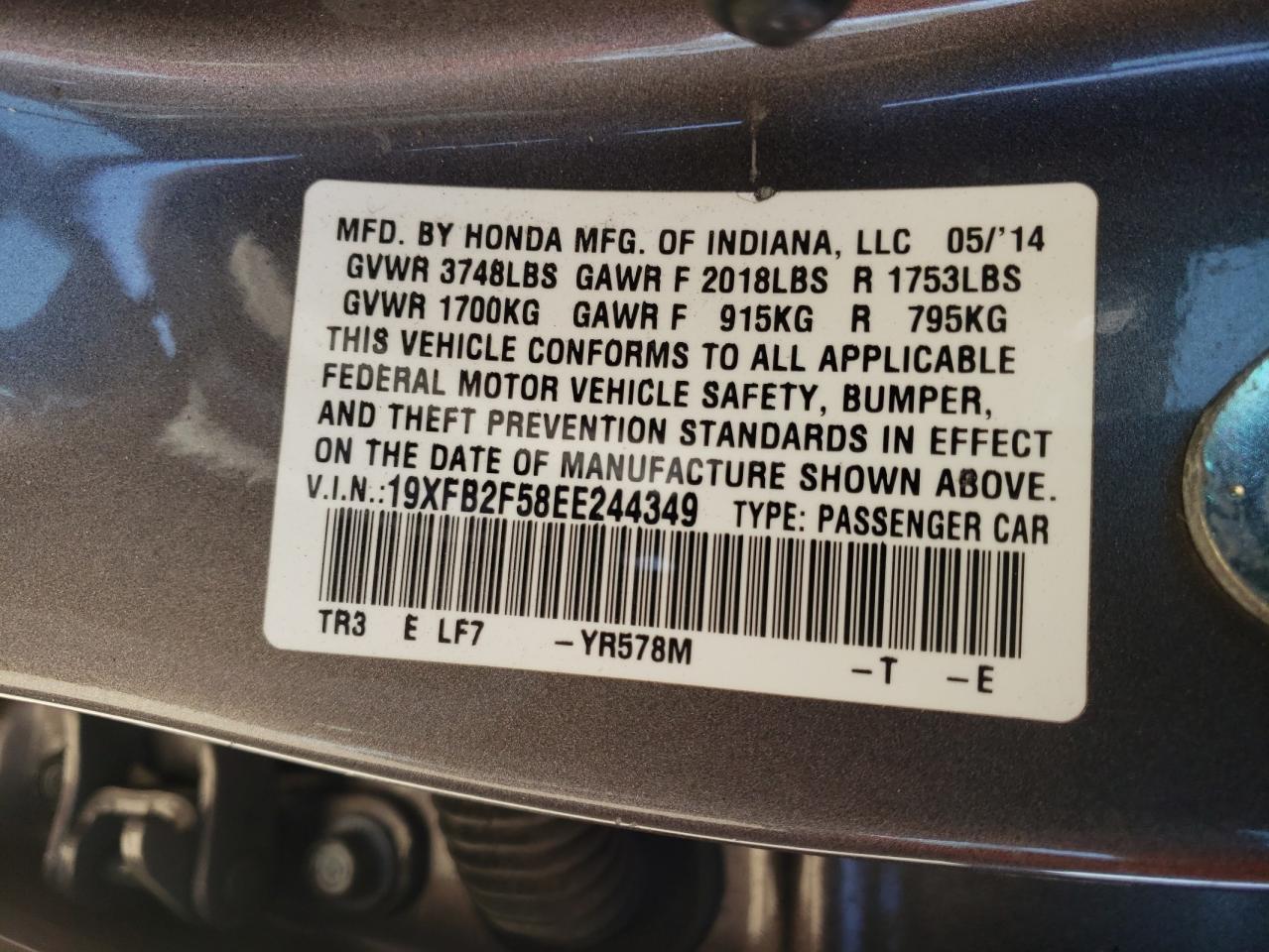 Photo 10 from auction – 2014 HONDA CIVIC LX with VIN 19XFB2F58EE244349