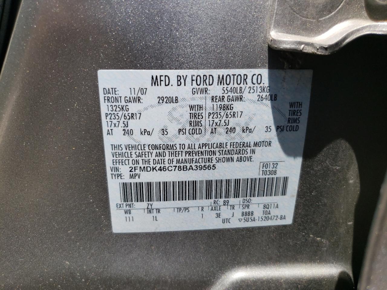 Photo 10 from auction – 2008 FORD EDGE SE with VIN 2FMDK46C78BA39565