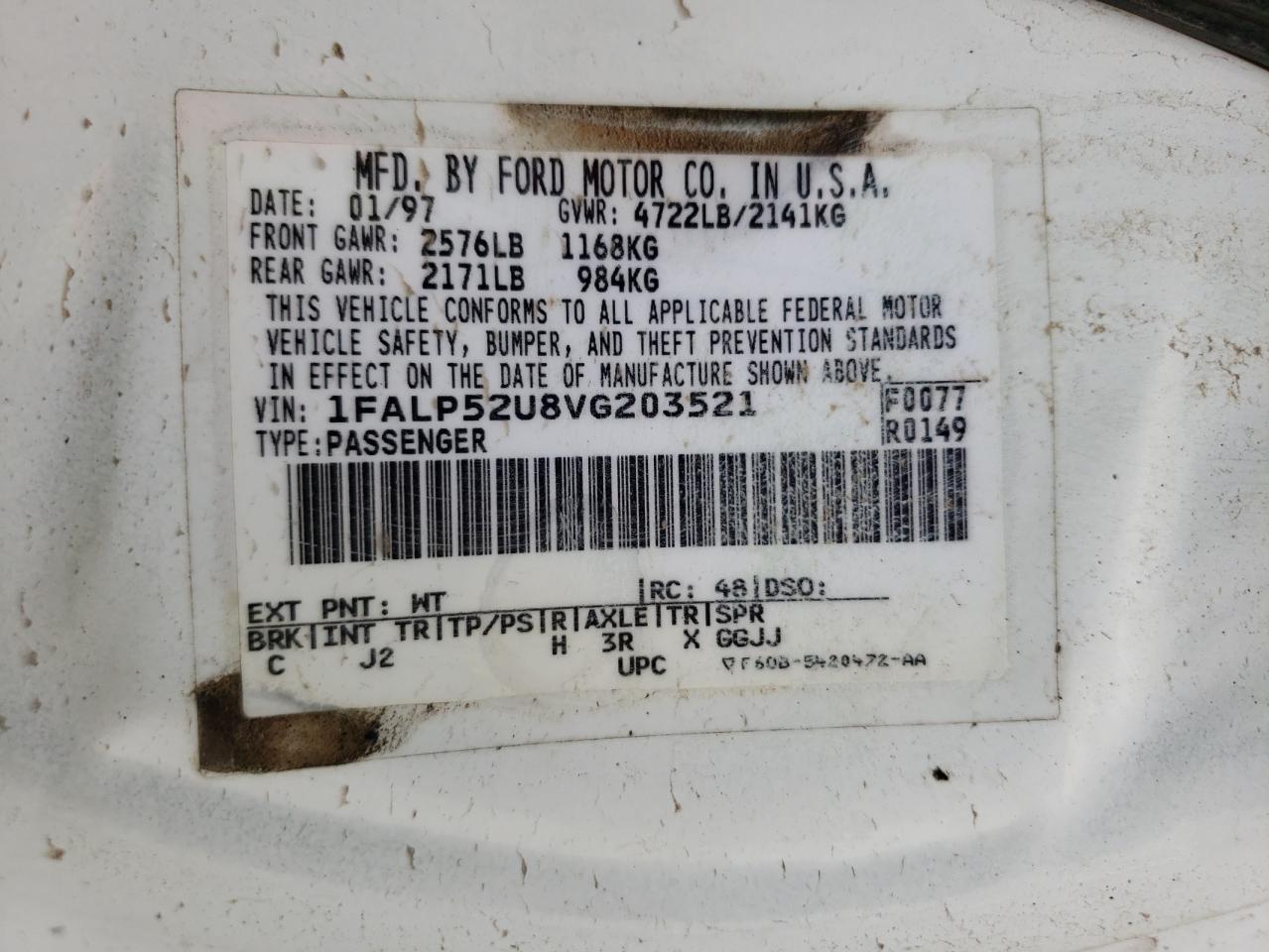 Photo 10 from auction – 1997 FORD TAURUS GL with VIN 1FALP52U8VG203521