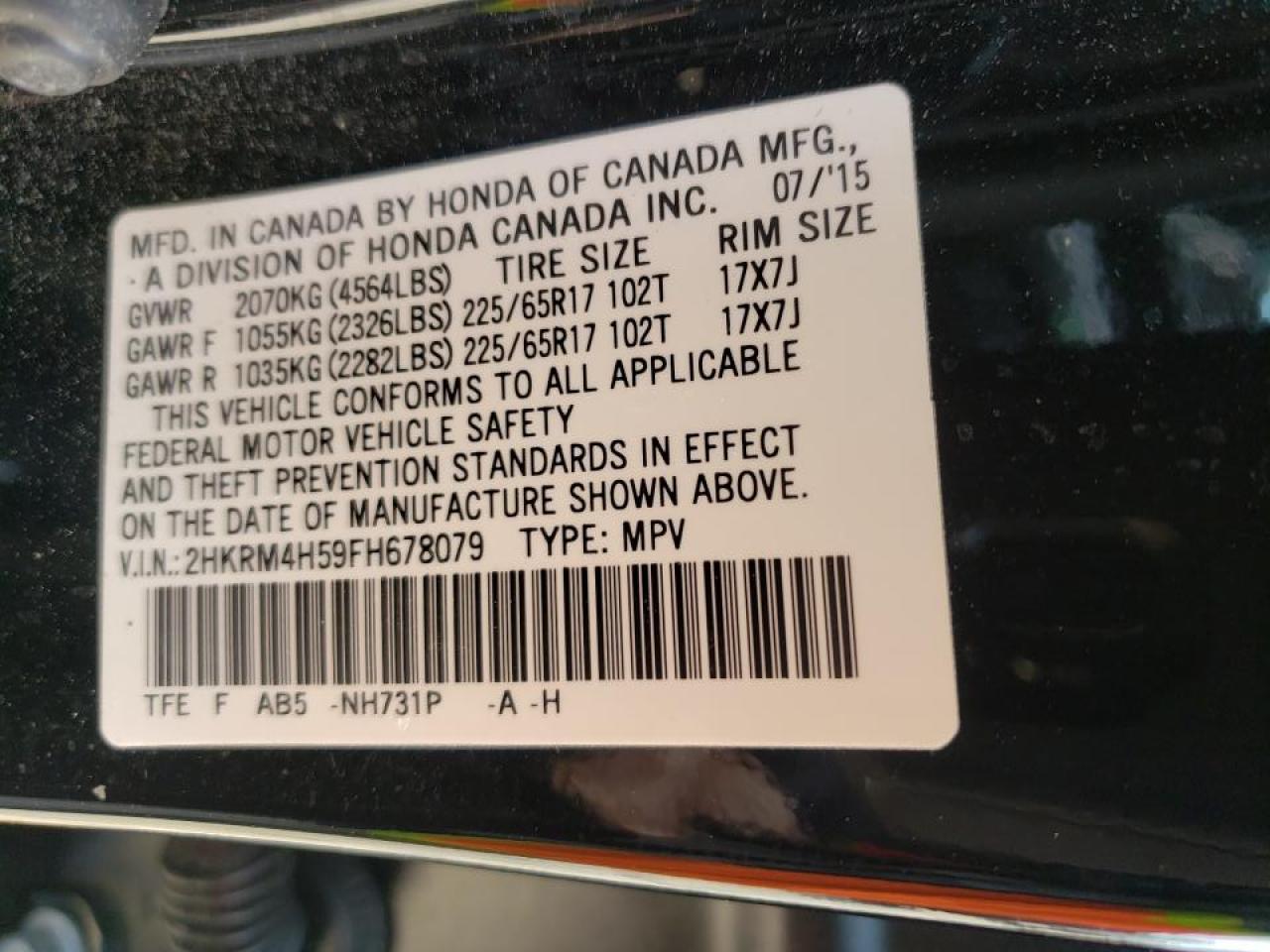 Photo 10 from auction – 2015 HONDA CR-V EX with VIN 2HKRM4H59FH678079