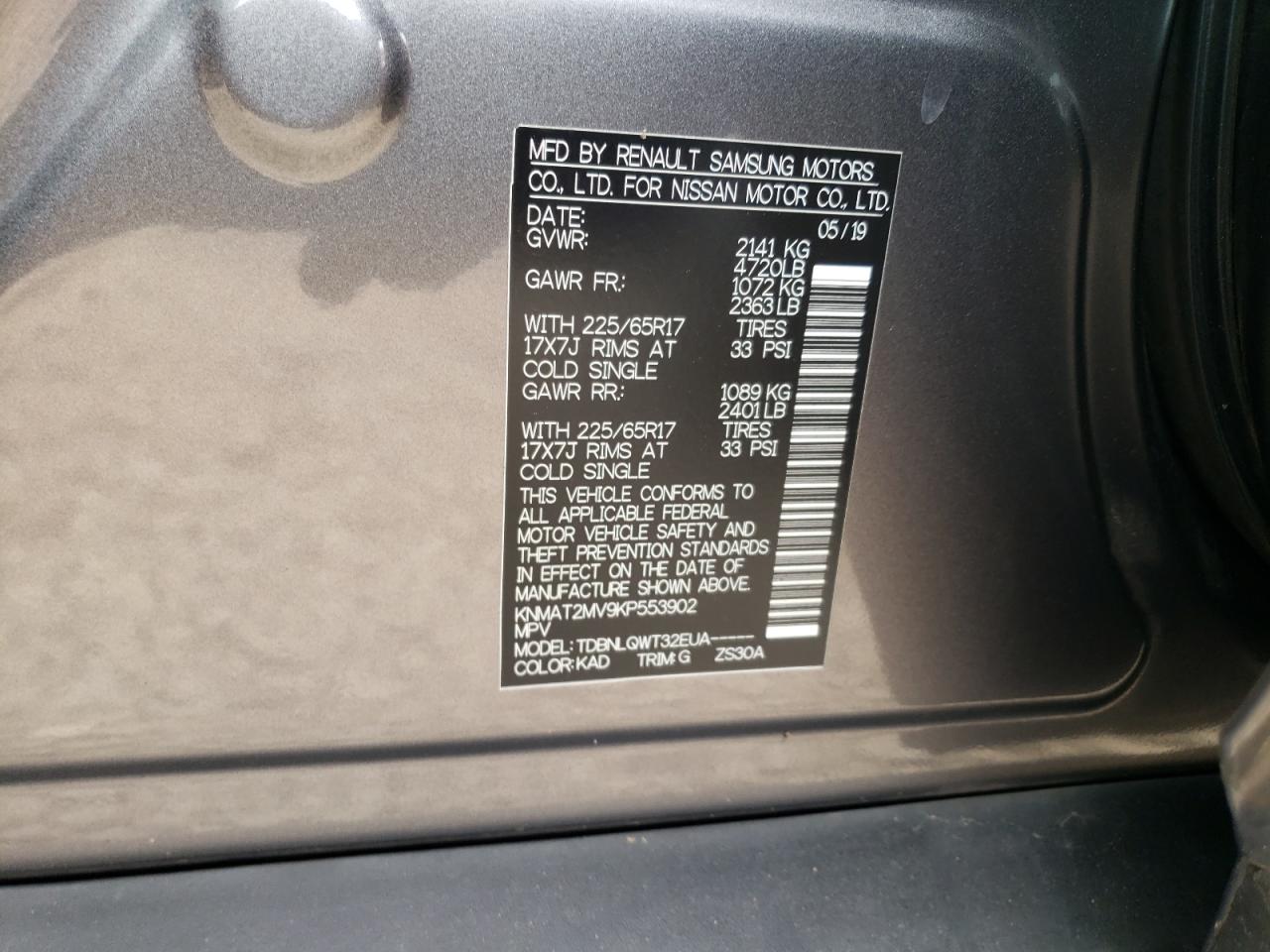 Photo 10 from auction – 2019 NISSAN ROGUE S with VIN KNMAT2MV9KP553902