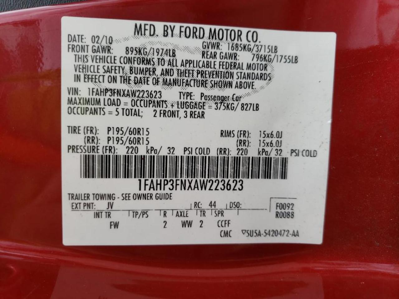 Photo 10 from auction – 2010 FORD FOCUS SE with VIN 1FAHP3FNXAW223623