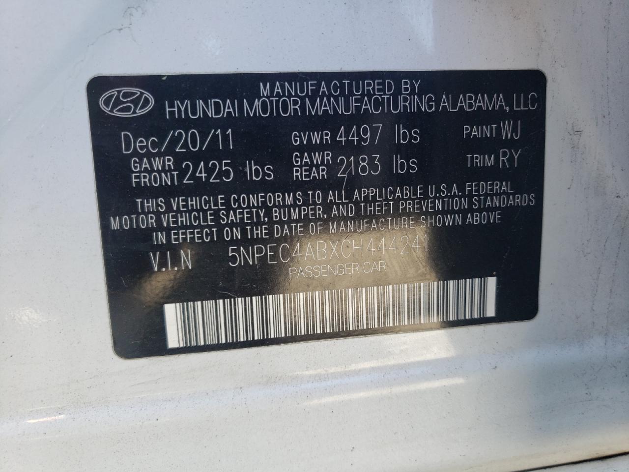 Photo 10 from auction – 2012 HYUNDAI SONATA SE with VIN 5NPEC4ABXCH444241