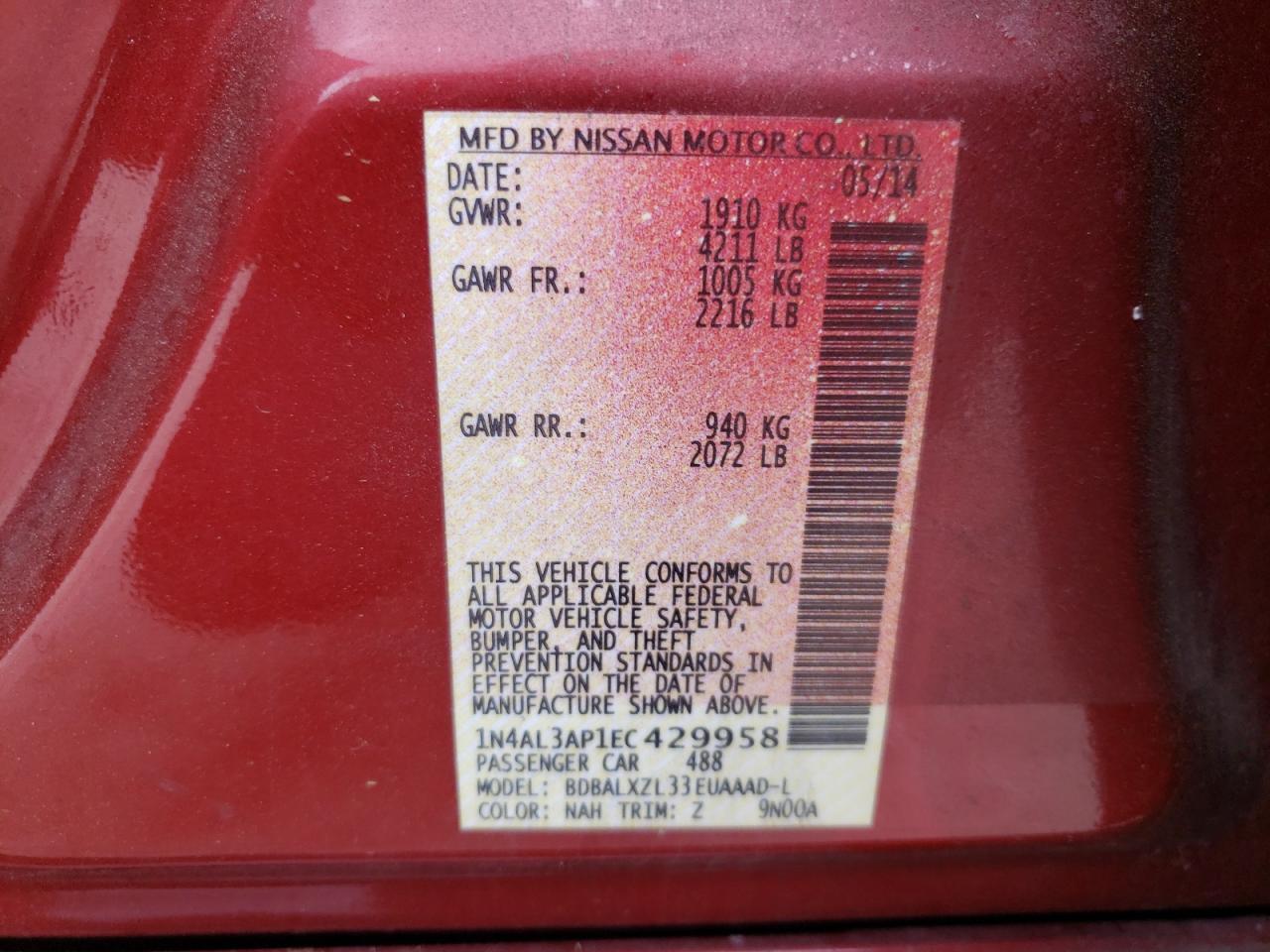 Photo 10 from auction – 2014 NISSAN ALTIMA 2.5 with VIN 1N4AL3AP1EC429958