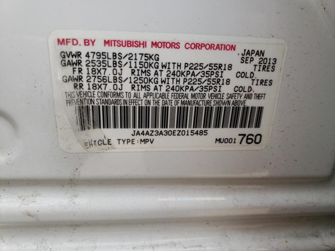 Photo 10 from auction – 2014 MITSUBISHI OUTLANDER with VIN JA4AZ3A30EZ015485