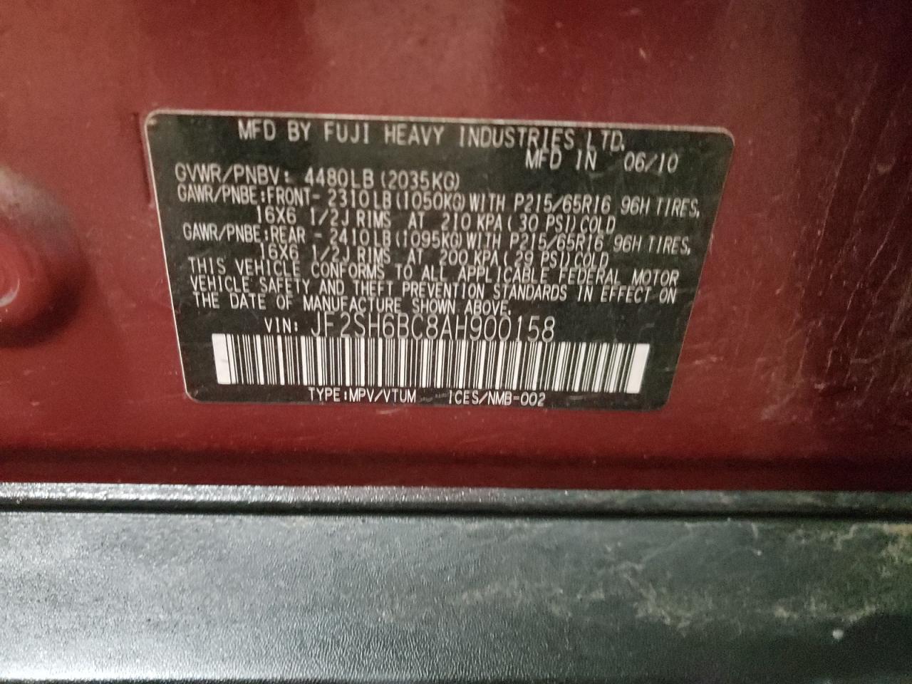 Photo 10 from auction – 2010 SUBARU FORESTER X with VIN JF2SH6BC8AH900158