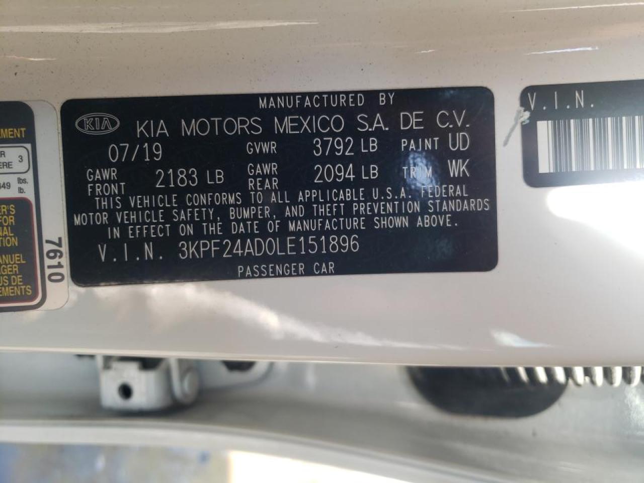 Photo 10 from auction – 2020 KIA FORTE FE with VIN 3KPF24AD0LE151896