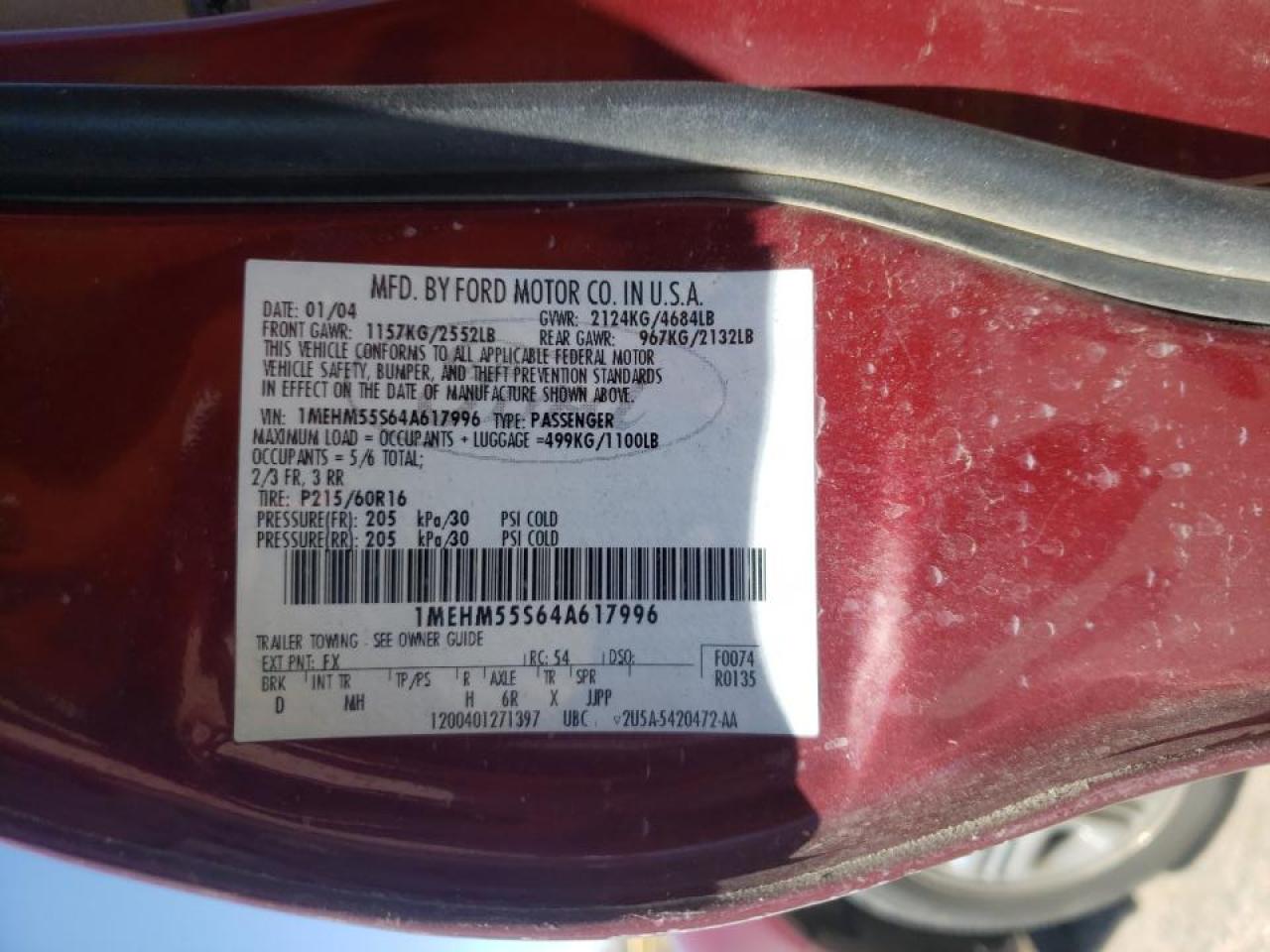 Photo 10 from auction – 2004 MERCURY SABLE LS P with VIN 1MEHM55S64A617996