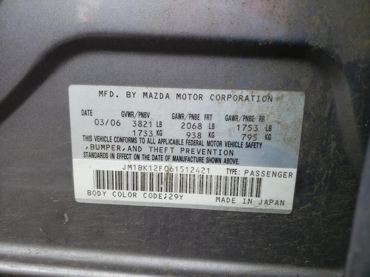 Photo 10 from auction – 2006 MAZDA 3 I with VIN JM1BK12F061512421
