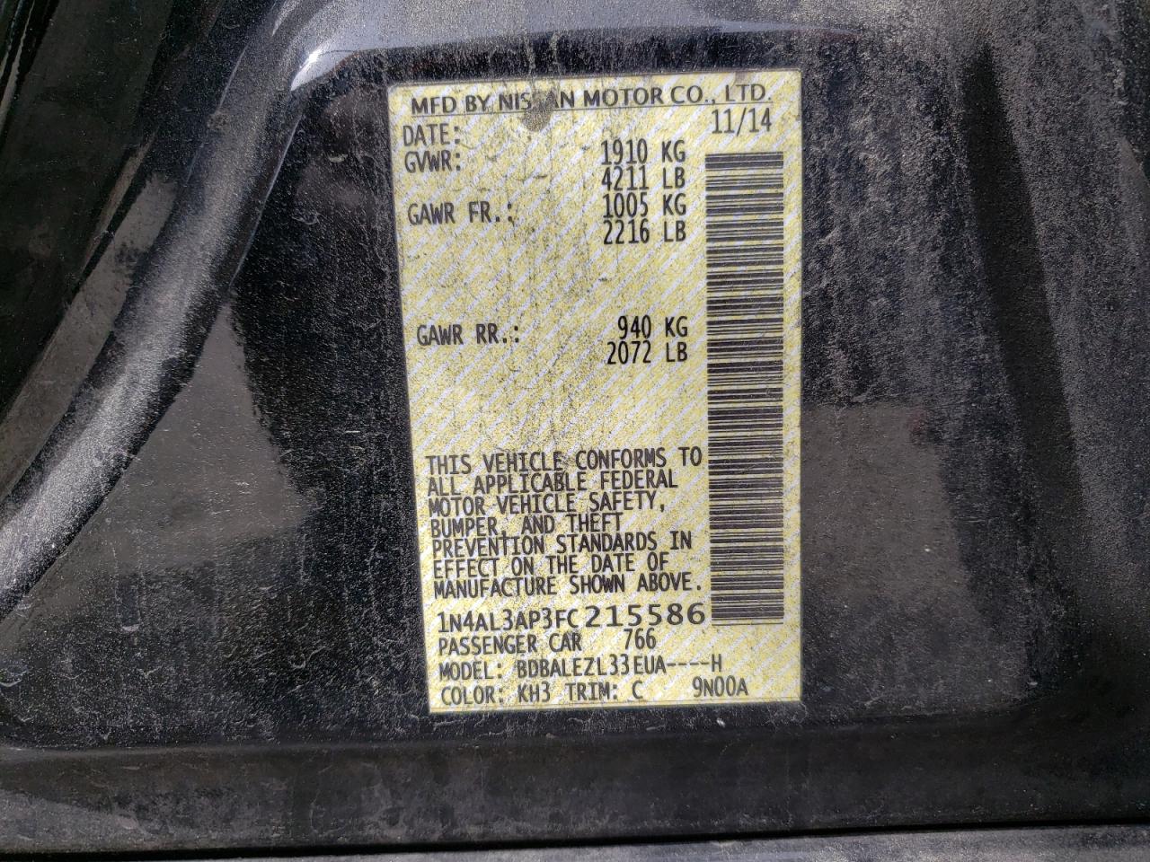 Photo 10 from auction – 2015 NISSAN ALTIMA 2.5 with VIN 1N4AL3AP3FC215586