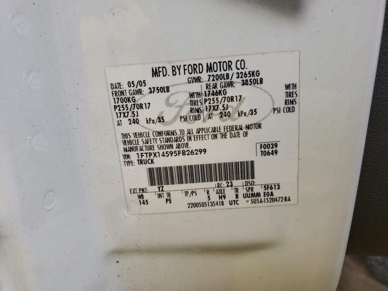 Photo 10 from auction – 2005 FORD F150 with VIN 1FTPX14595FB26299