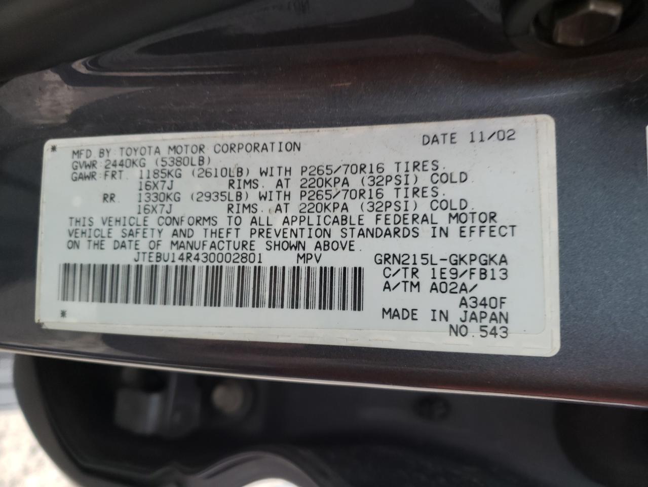 Photo 10 from auction – 2003 TOYOTA 4RUNNER SR with VIN JTEBU14R430002801