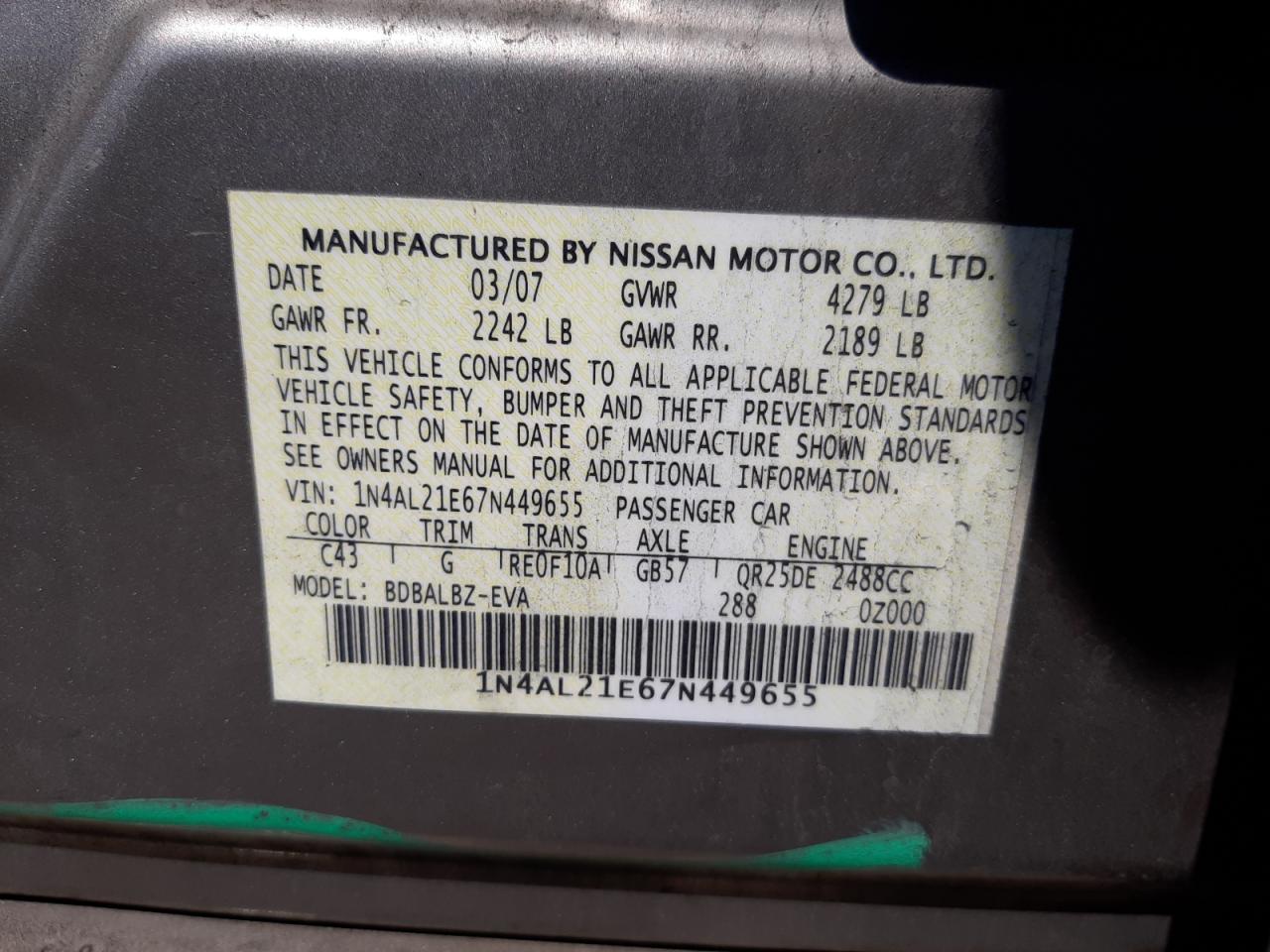 Photo 10 from auction – 2007 NISSAN ALTIMA 2.5 with VIN 1N4AL21E67N449655