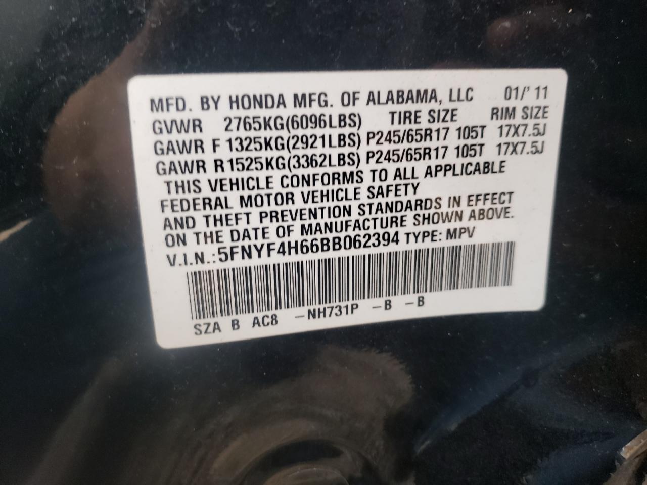Photo 10 from auction – 2011 HONDA PILOT EXL with VIN 5FNYF4H66BB062394