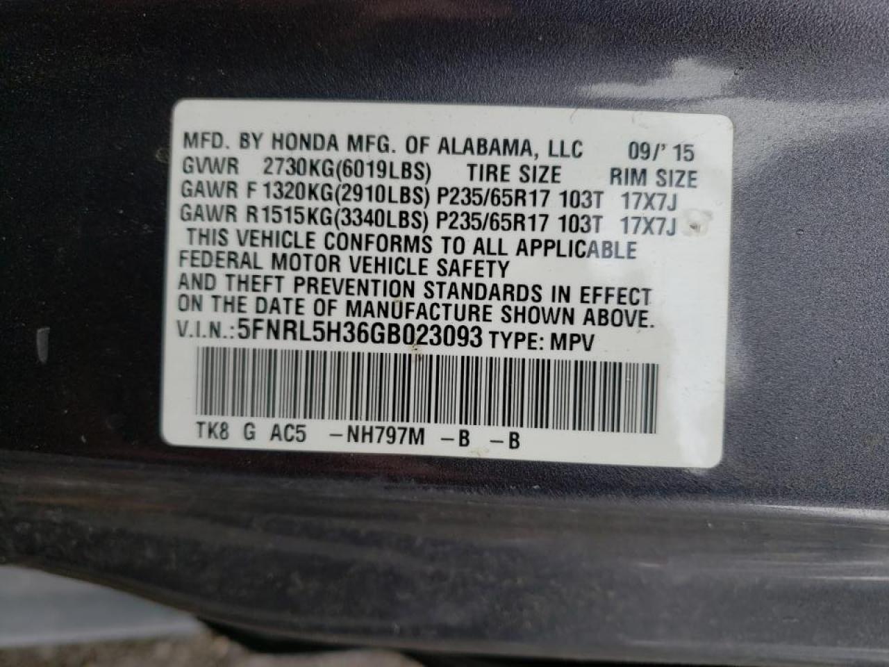 Photo 10 from auction – 2016 HONDA ODYSSEY SE with VIN 5FNRL5H36GB023093
