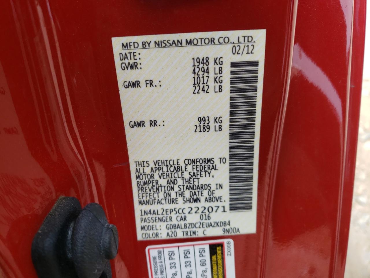 Photo 10 from auction – 2012 NISSAN ALTIMA S with VIN 1N4AL2EP5CC222071