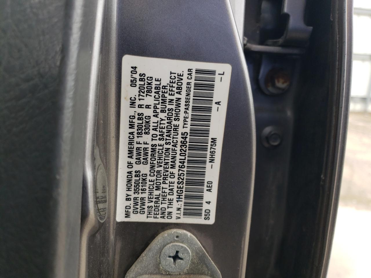 Photo 10 from auction – 2004 HONDA CIVIC EX with VIN 1HGES25764L023645