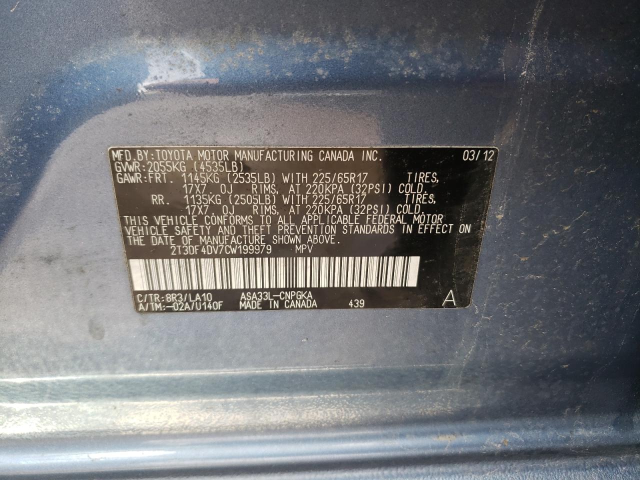 Photo 10 from auction – 2012 TOYOTA RAV4 LIMIT with VIN 2T3DF4DV7CW199979