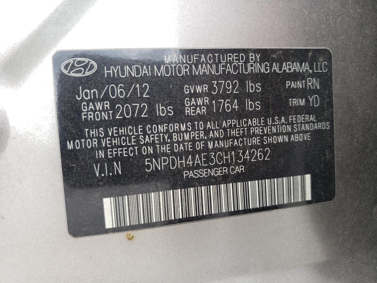 Photo 10 from auction – 2012 HYUNDAI ELANTRA GL with VIN 5NPDH4AE3CH134262