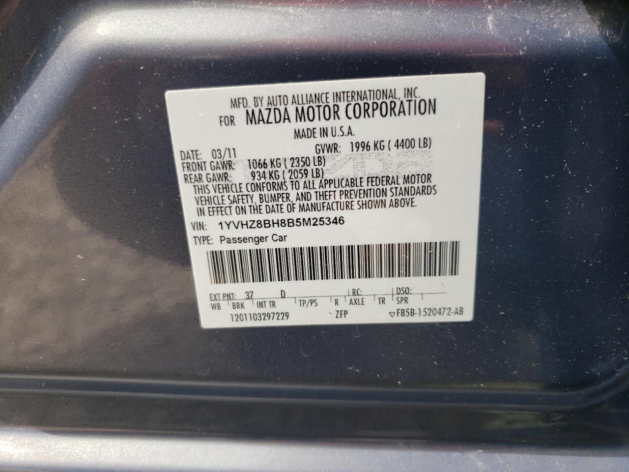 Photo 10 from auction – 2011 MAZDA 6 I with VIN 1YVHZ8BH8B5M25346