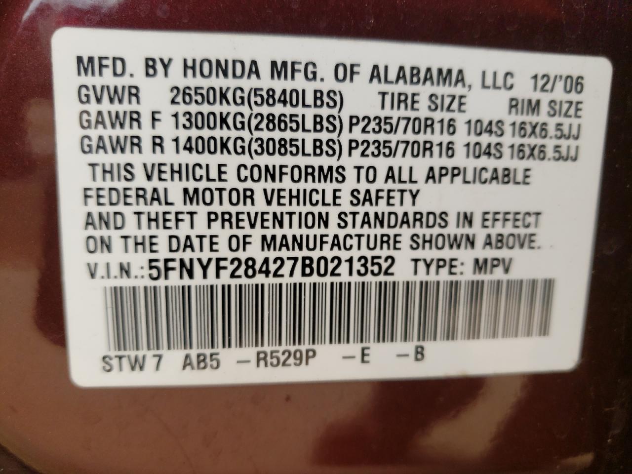 Photo 10 from auction – 2007 HONDA PILOT EX with VIN 5FNYF28427B021352