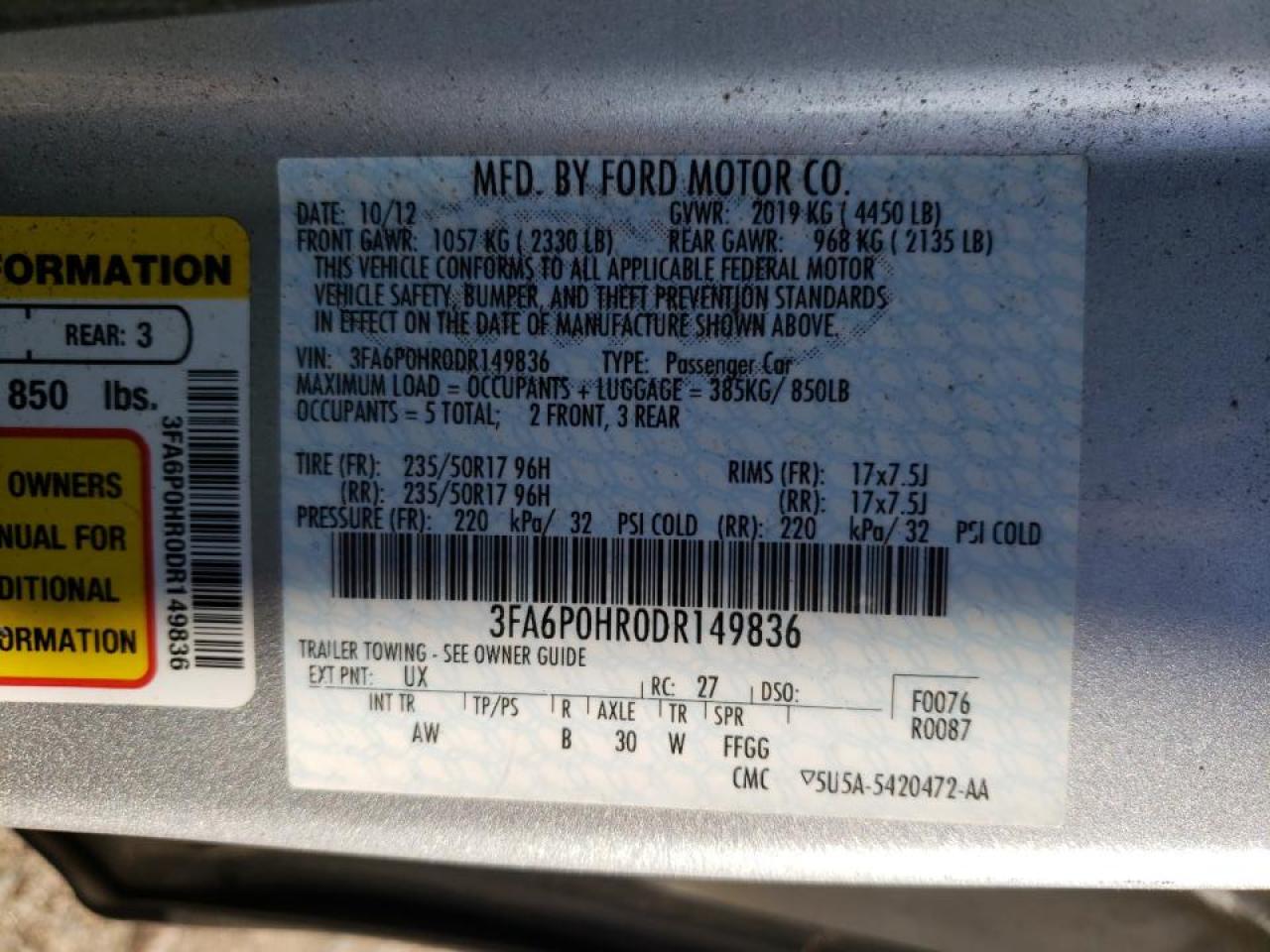 Photo 10 from auction – 2013 FORD FUSION SE with VIN 3FA6P0HR0DR149836