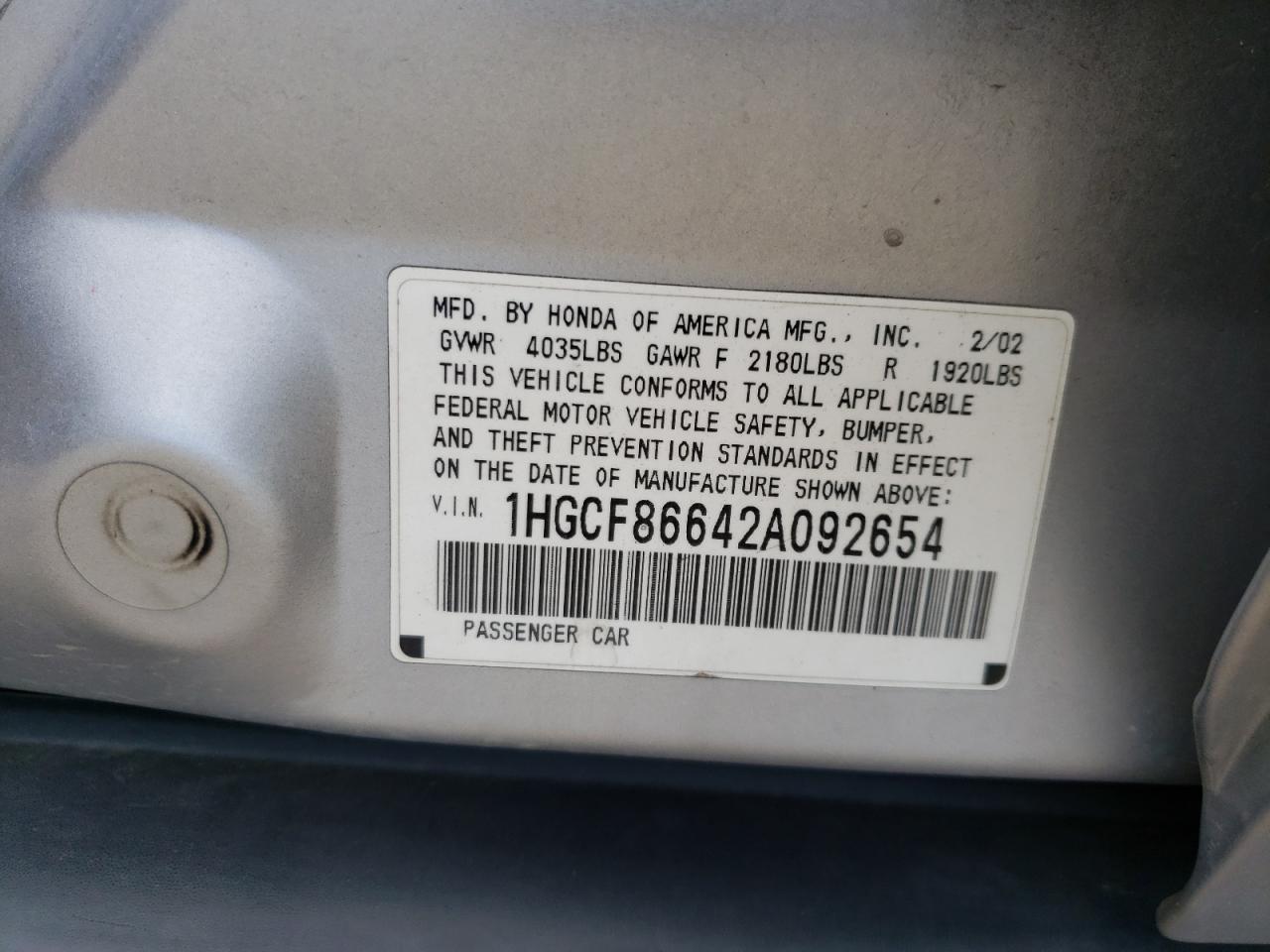Photo 10 from auction – 2002 HONDA ACCORD VAL with VIN 1HGCF86642A092654