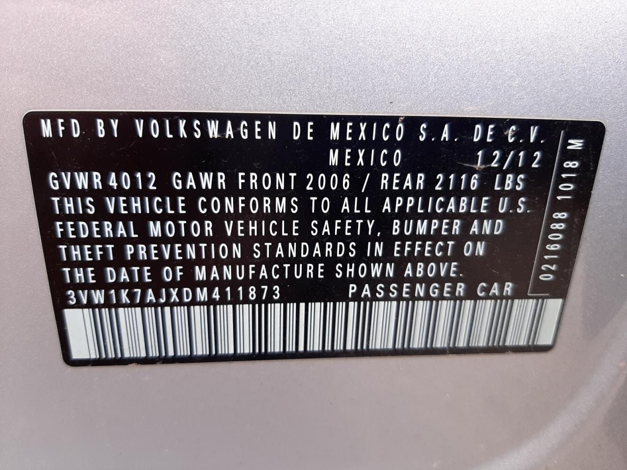 Photo 10 from auction – 2013 VOLKSWAGEN JETTA BASE with VIN 3VW1K7AJXDM411873