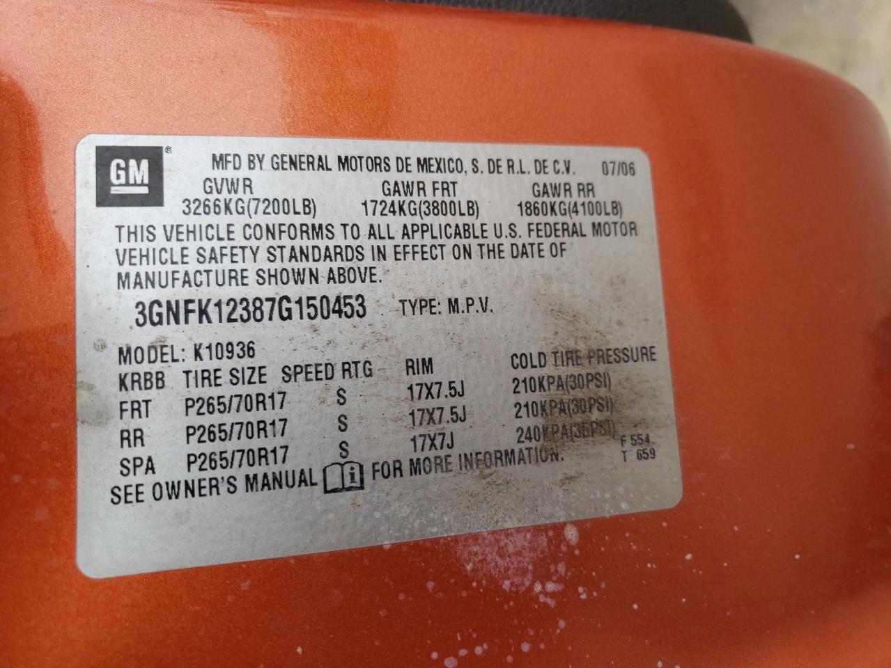 Photo 10 from auction – 2007 CHEVROLET AVALANCHE with VIN 3GNFK12387G150453