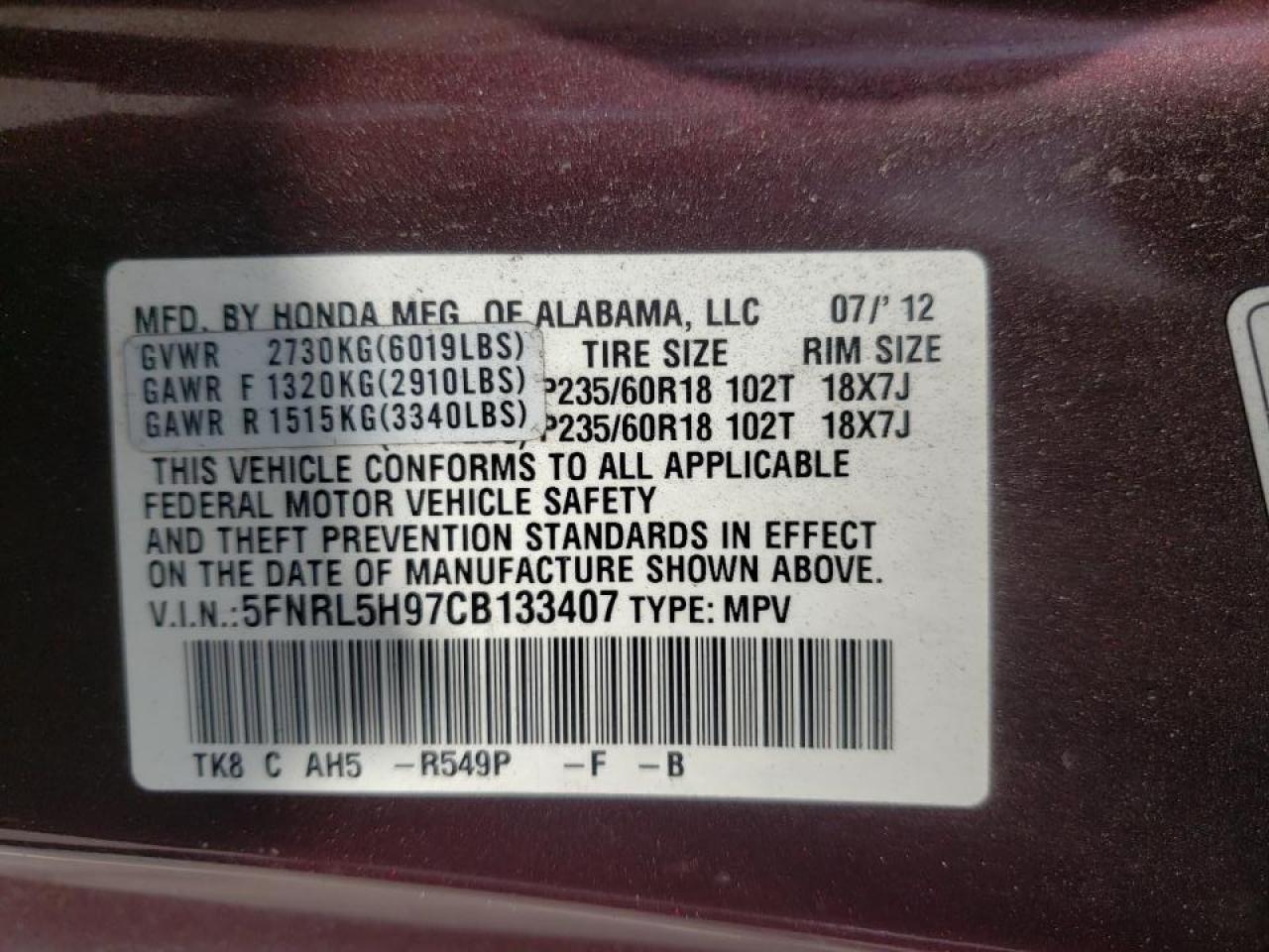 Photo 10 from auction – 2012 HONDA ODYSSEY TO with VIN 5FNRL5H97CB133407