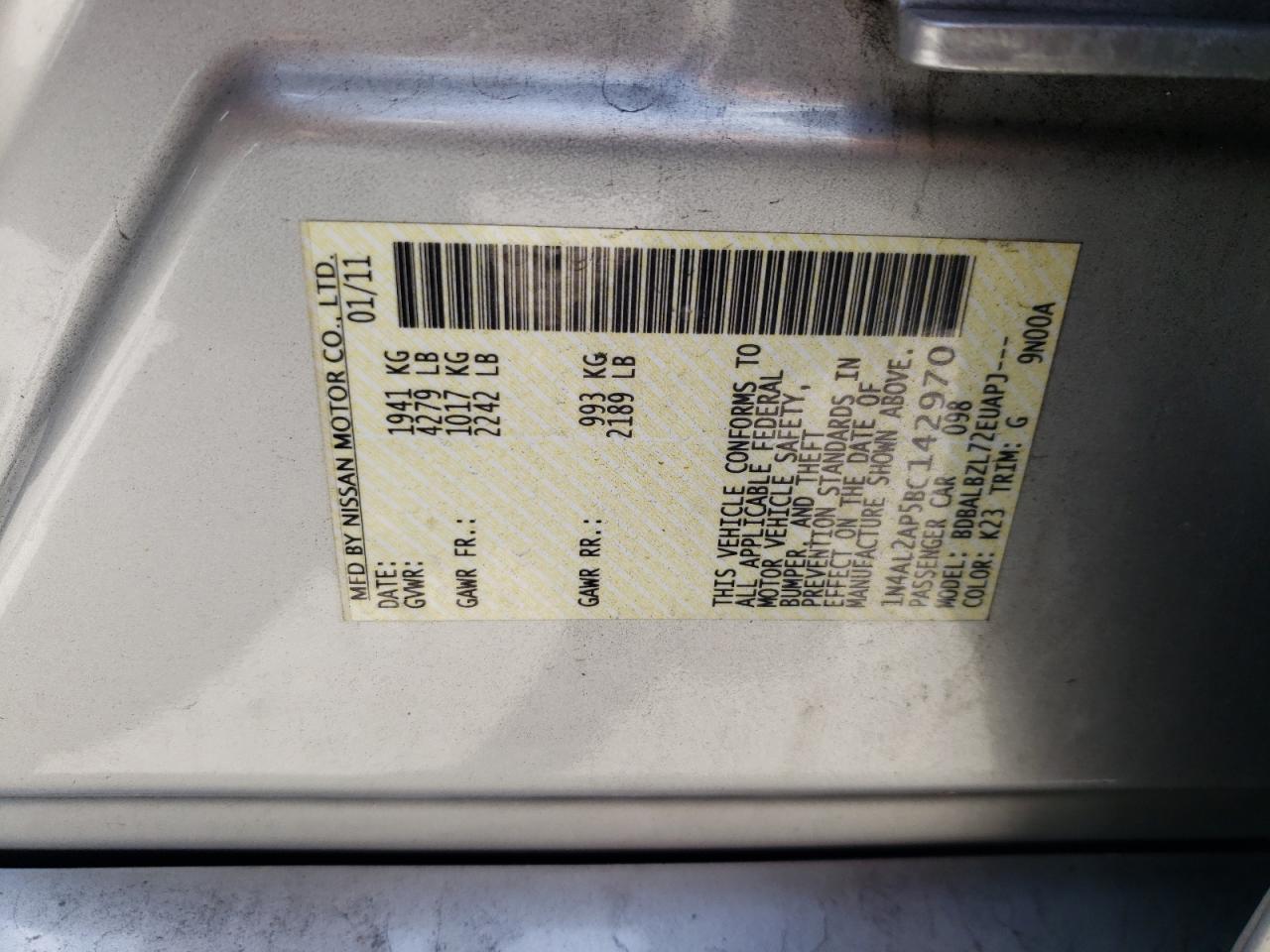 Photo 10 from auction – 2011 NISSAN ALTIMA BAS with VIN 1N4AL2AP5BC142970