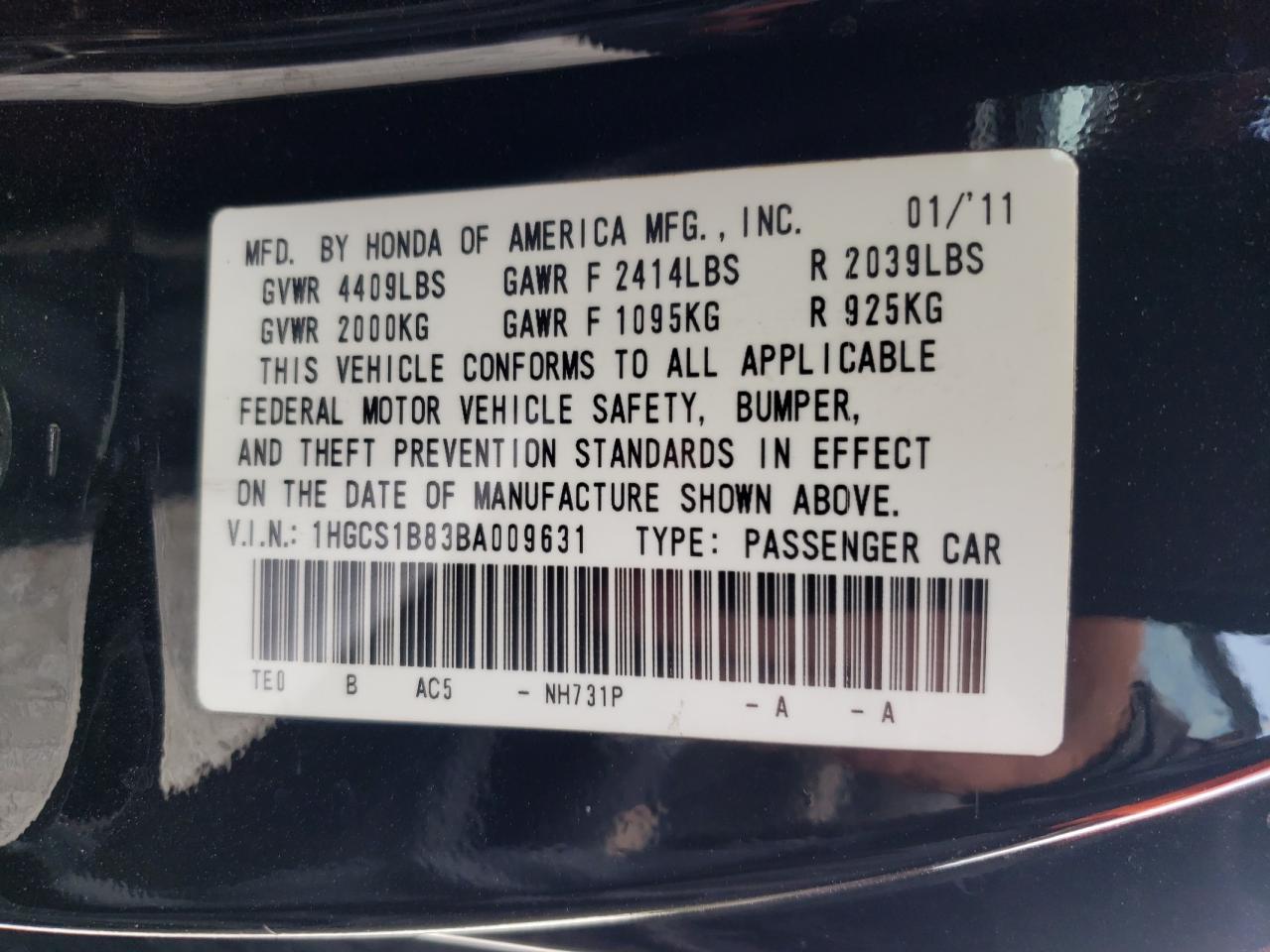 Photo 10 from auction – 2011 HONDA ACCORD EXL with VIN 1HGCS1B83BA009631