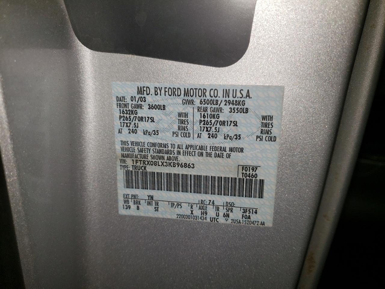 Photo 10 from auction – 2003 FORD F-150 with VIN 1FTRX08LX3KB96863