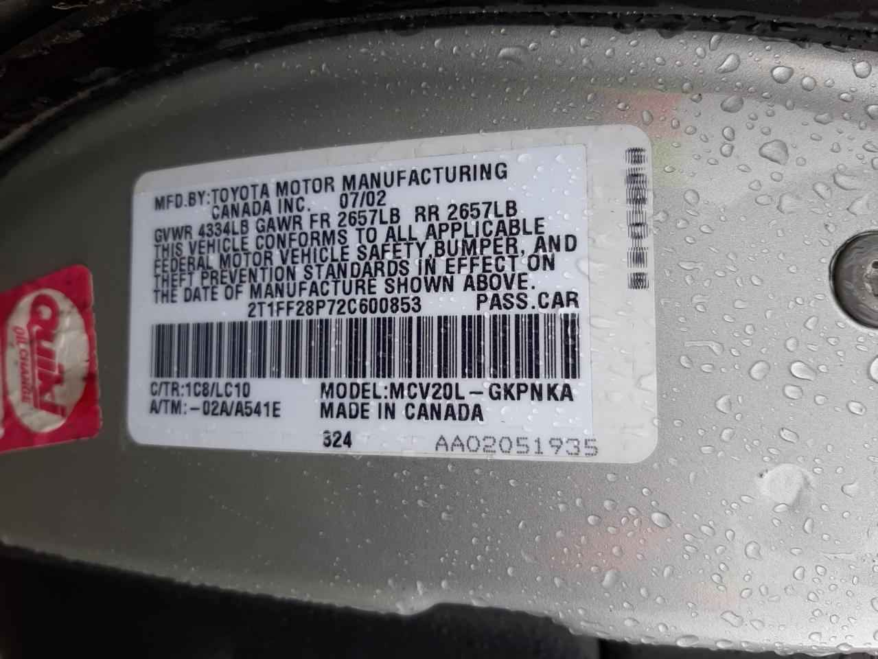 Photo 10 from auction – 2002 TOYOTA CAMRY SOLA with VIN 2T1FF28P72C600853