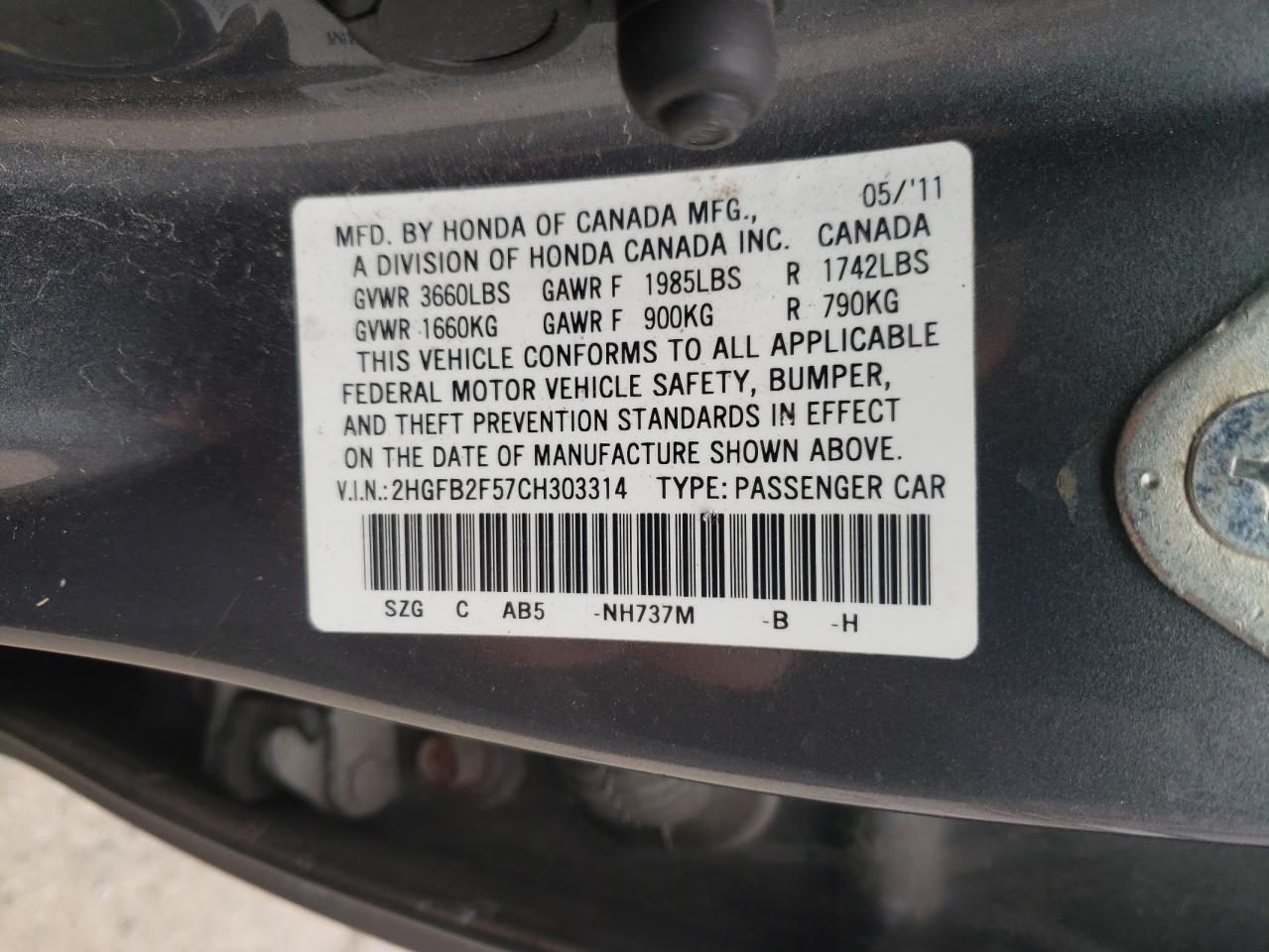Photo 10 from auction – 2012 HONDA CIVIC LX with VIN 2HGFB2F57CH303314