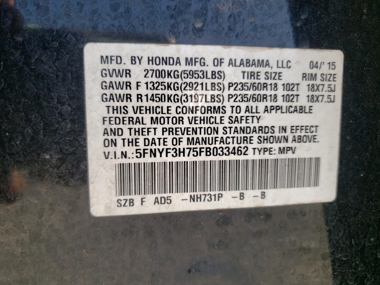Photo 10 from auction – 2015 HONDA PILOT EXLN with VIN 5FNYF3H75FB033462