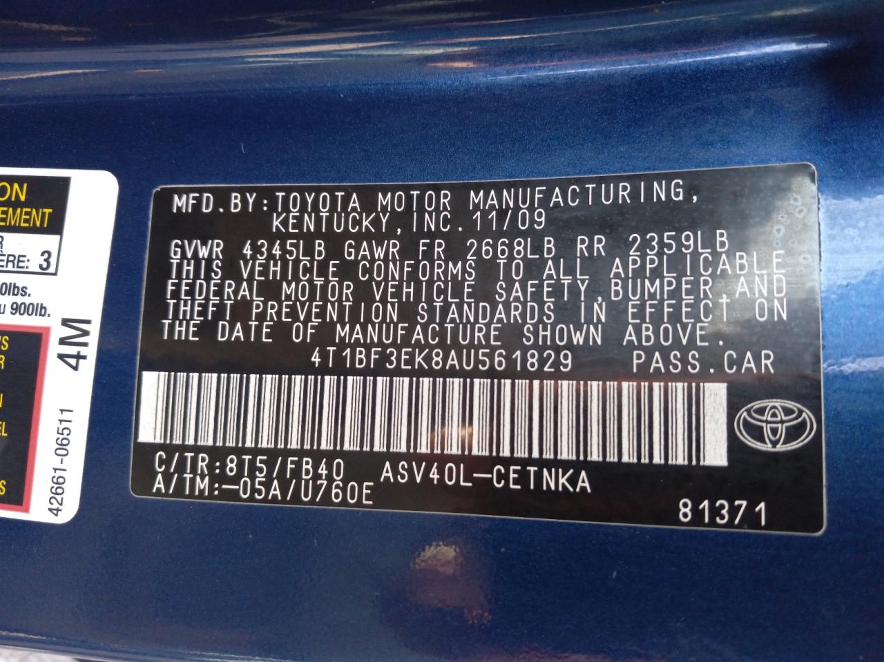 Photo 10 from auction – 2010 TOYOTA CAMRY BASE with VIN 4T1BF3EK8AU561829
