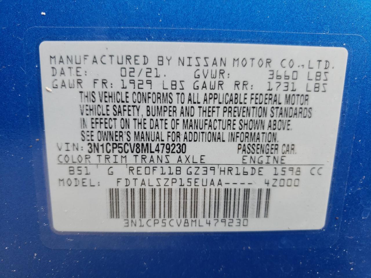 Photo 10 from auction – 2021 NISSAN KICKS SV with VIN 3N1CP5CV8ML479230