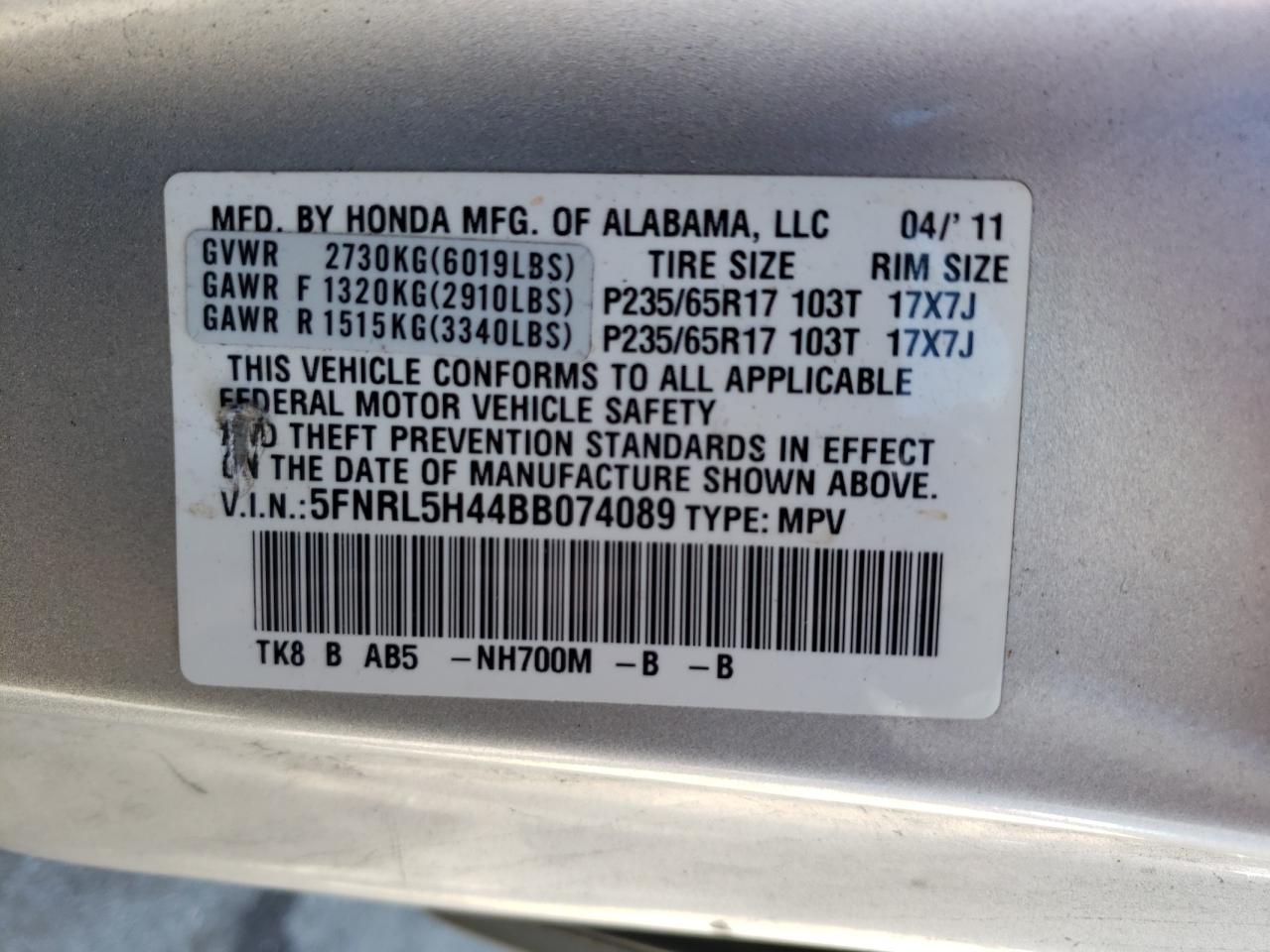 Photo 10 from auction – 2011 HONDA ODYSSEY EX with VIN 5FNRL5H44BB074089