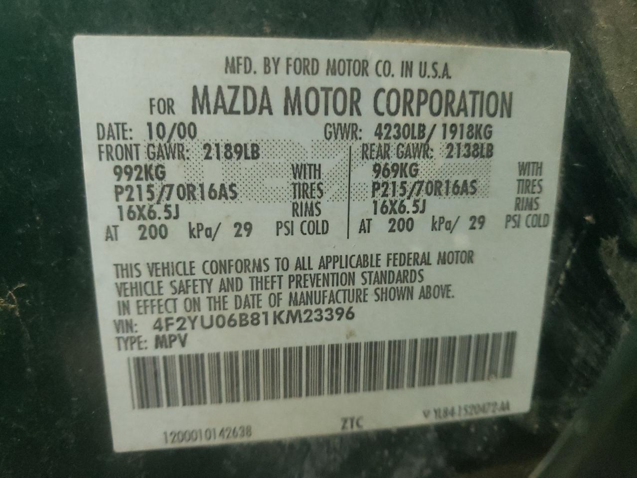Photo 10 from auction – 2001 MAZDA TRIBUTE DX with VIN 4F2YU06B81KM23396