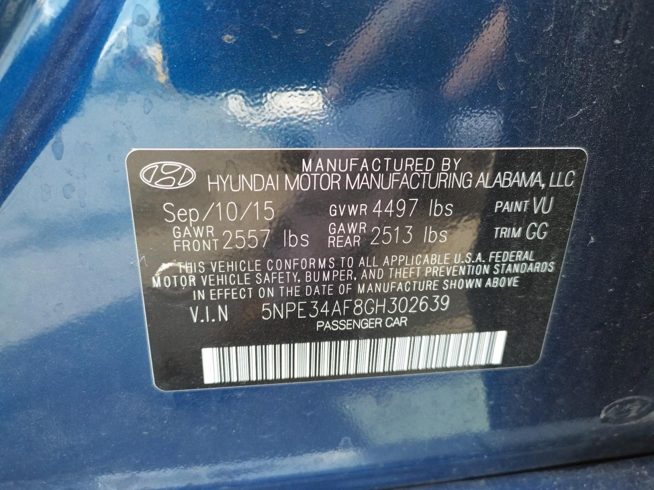 Photo 10 from auction – 2016 HYUNDAI SONATA SPO with VIN 5NPE34AF8GH302639