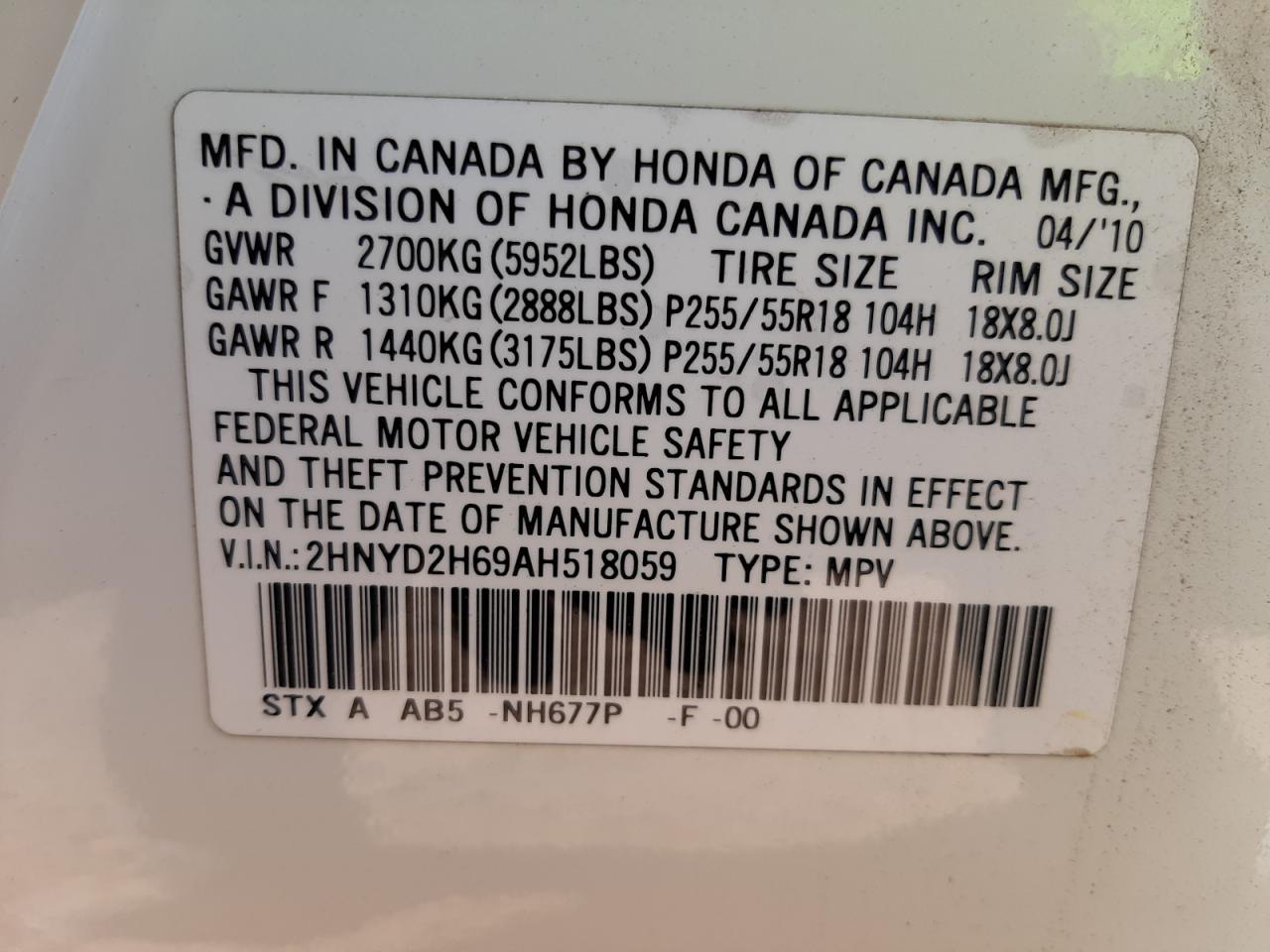 Photo 10 from auction – 2010 ACURA MDX TECHNO with VIN 2HNYD2H69AH518059