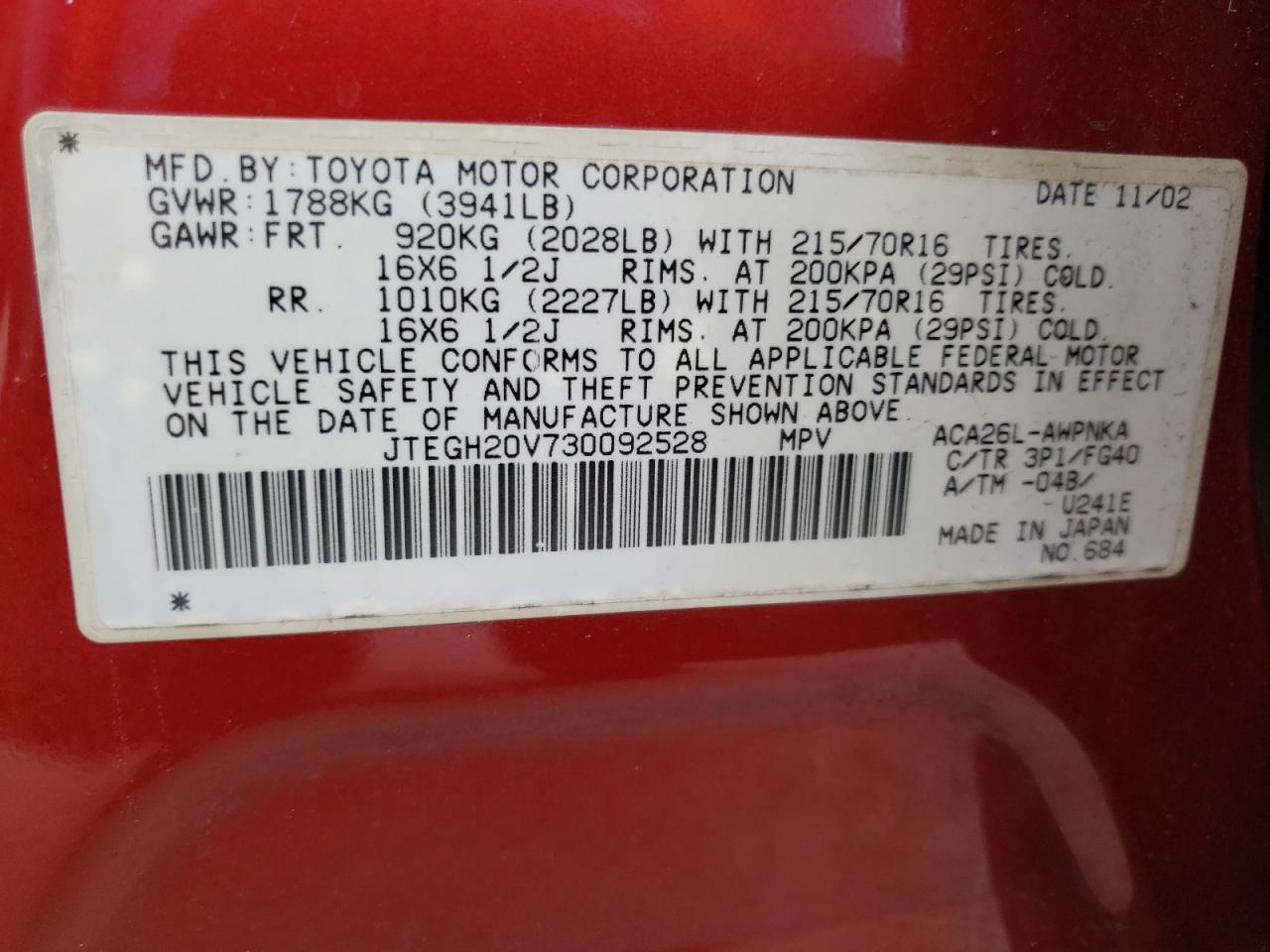 Photo 10 from auction – 2003 TOYOTA RAV4 with VIN JTEGH20V730092528