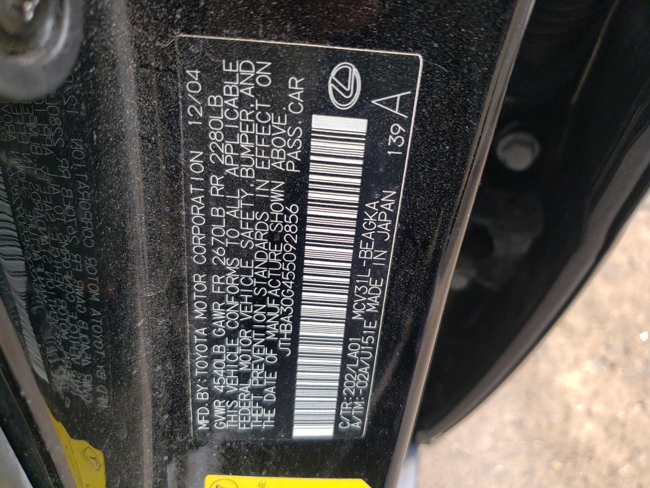 Photo 10 from auction – 2005 LEXUS ES 330 with VIN JTHBA30G455092856