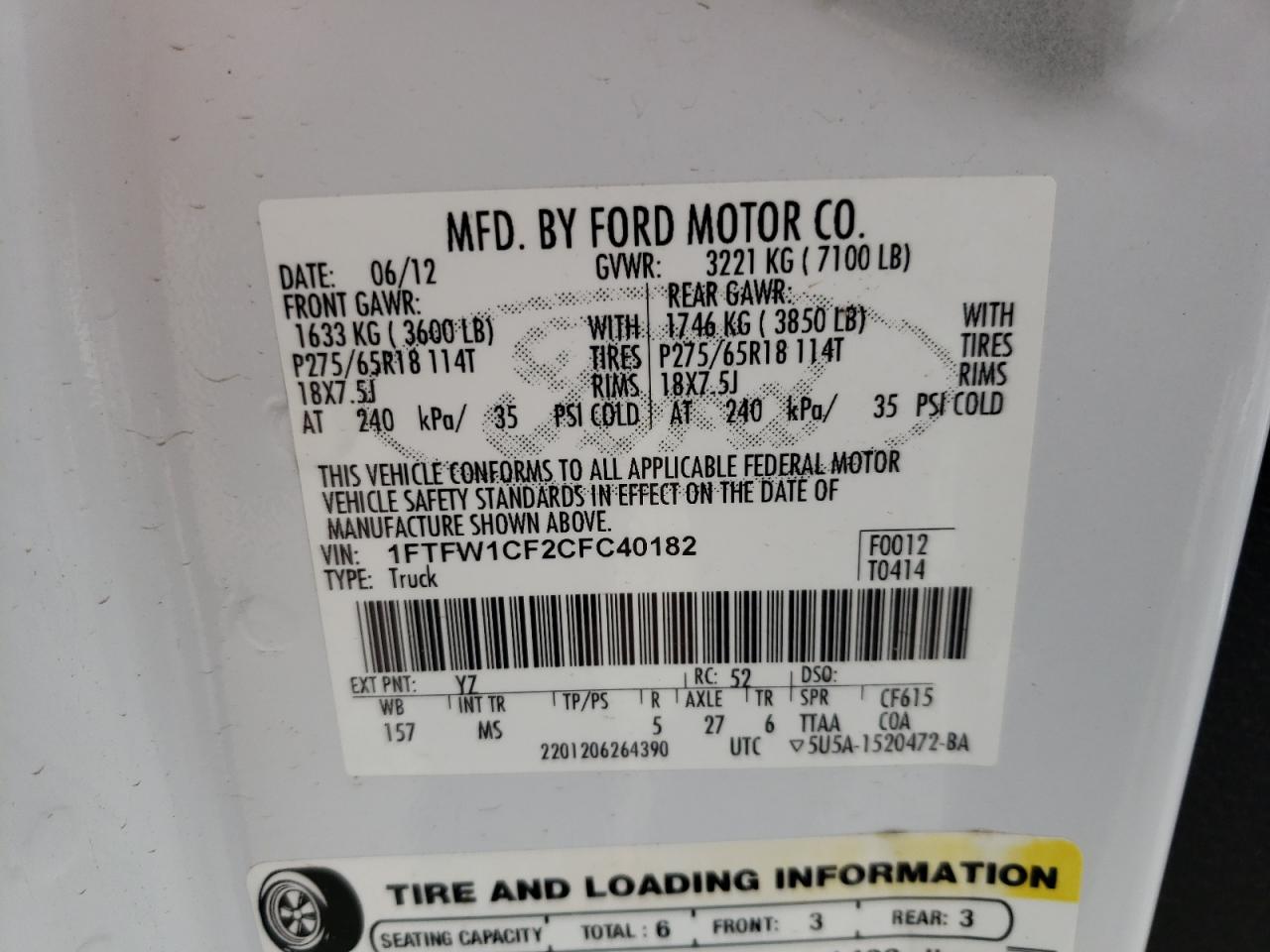Photo 10 from auction – 2012 FORD F150 SUPER with VIN 1FTFW1CF2CFC40182