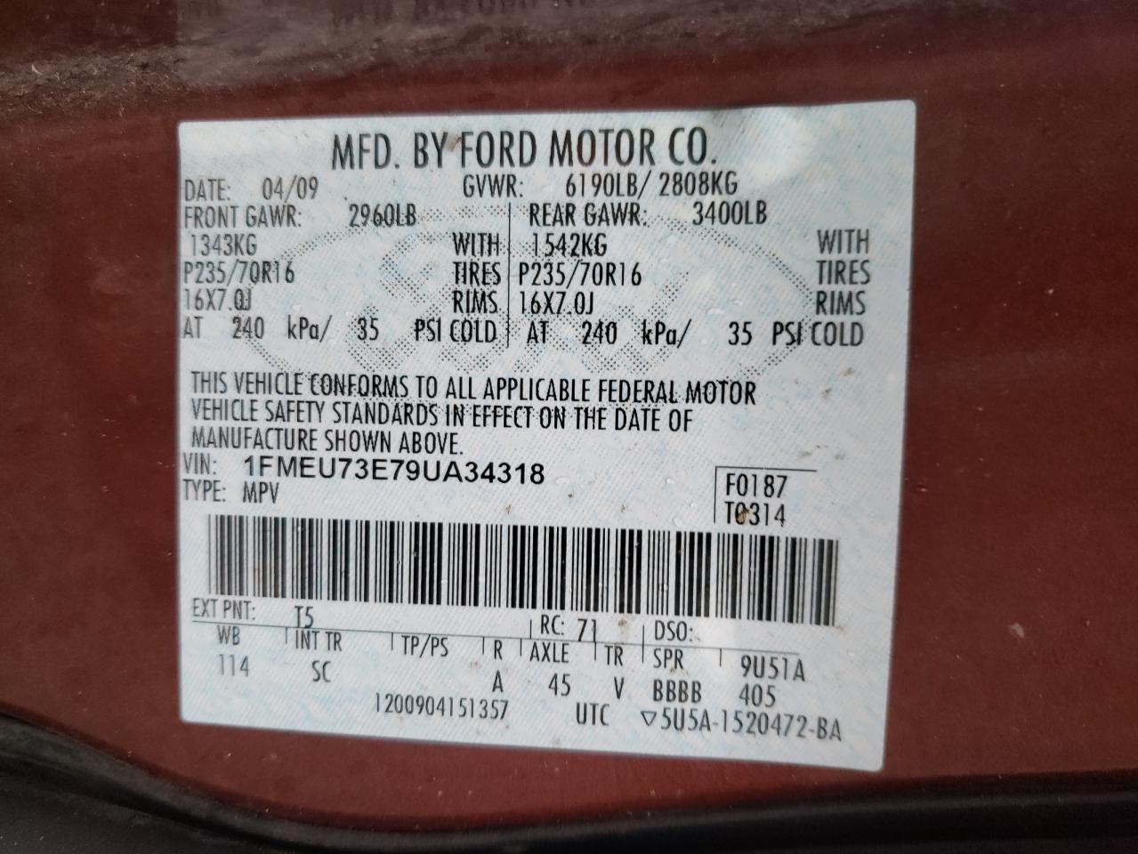Photo 10 from auction – 2009 FORD EXPLORER X with VIN 1FMEU73E79UA34318