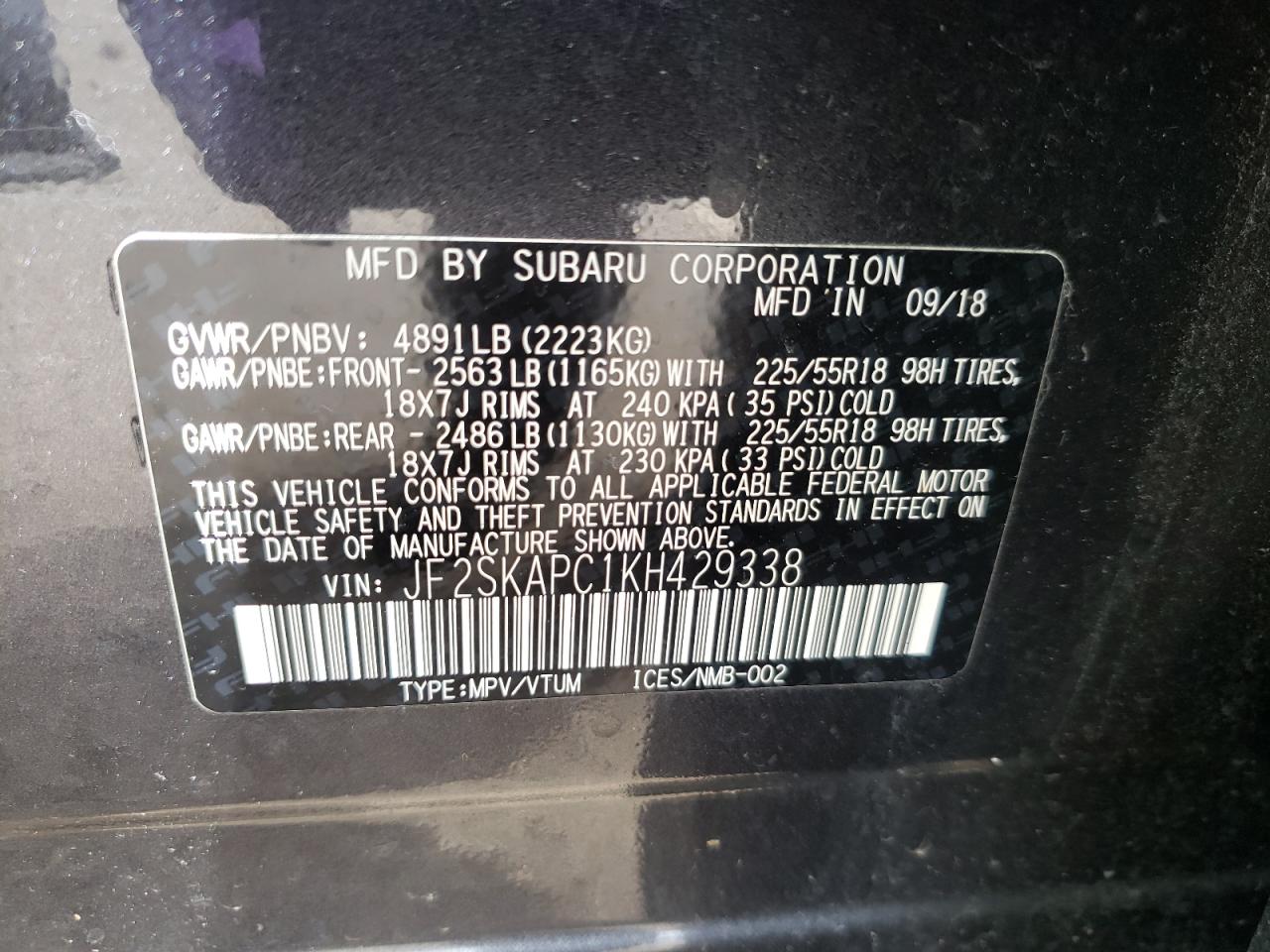 Photo 10 from auction – 2019 SUBARU FORESTER S with VIN JF2SKAPC1KH429338